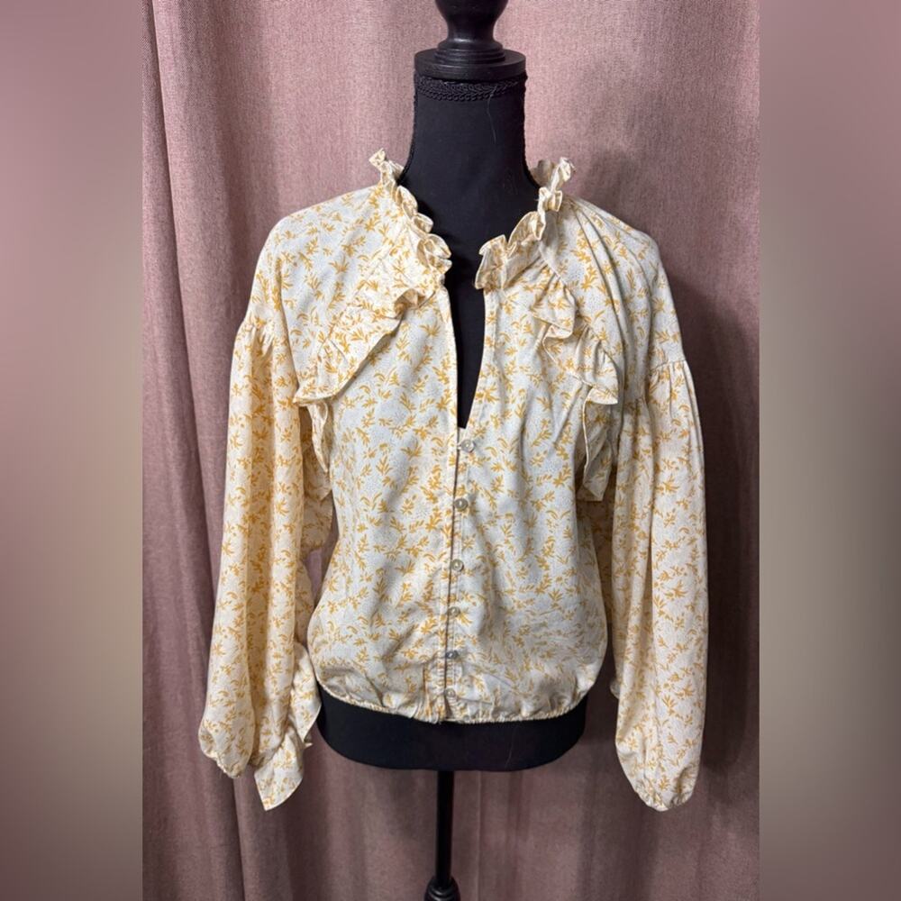 Bishop + Young Womens Sz XS Long Sleeve White Yellow Floral Ruffle Blouse Top